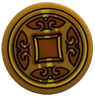 Lego (N) ~ Tile Round 2 x 2 with Bottom Stud Holder with Dark Orange Shapes (Coin) Pa ~ [Pearl Gold]