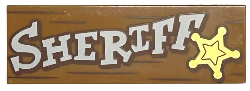 Lego (N) ~ Tile 2 x 6 with White 'SHERIFF' Gold Star and Reddish Brown Wood Grain ~ [Medium Nougat]