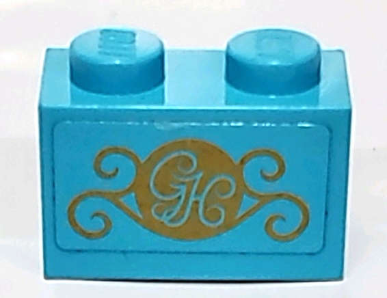 Lego Used - Brick 1 x 2 with Gold 'GH' and Swirls Pattern (Sticker) - Set 41101~ [Medium Azure]