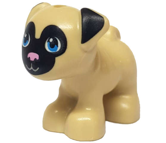 LEGO - Tan Dog Pug with Black Face and Ears, Bright Pink Nose, and Dark Azure Eyes Pattern