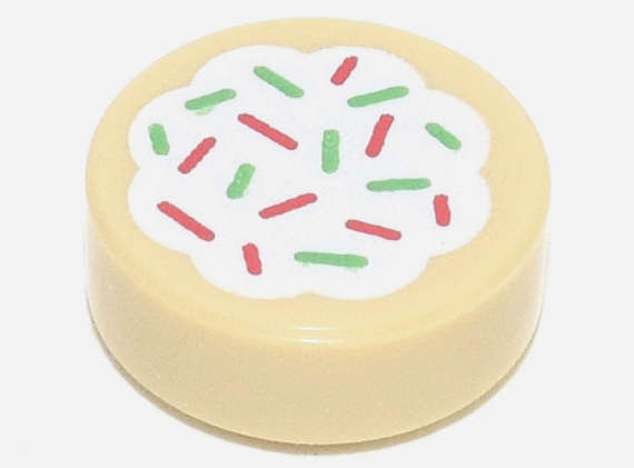 Lego NEW - Tile Round 1 x 1 with Cookie with White Frosting and Red and GreenSprinkles Patt~ [Tan]