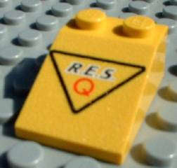 Lego Used - Slope 33 3 x 2 with Black 'R.E.S.' and Red 'Q' in Black Triangle Pattern~ [Yellow]