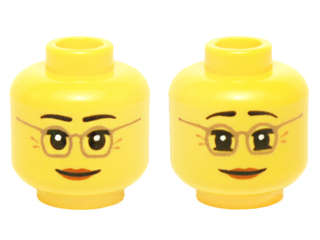 Lego (N) ~ Minifigure Head Dual Sided Female Dark Tan Glasses Laugh Lines Dark Orange Lip ~ [Yellow]