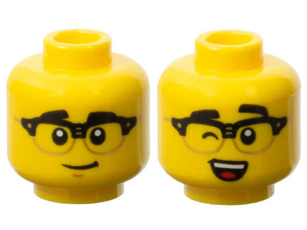 Lego (N) ~ Minifigure Head Dual Sided Black Eyebrows and Horn Rimmed Glasses Grin / Wink  ~ [Yellow]