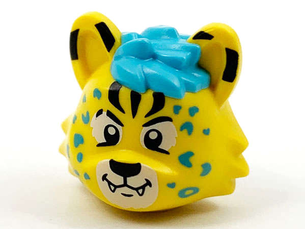 Lego (N) ~ Minifigure Head Modified Cat with Medium Azure Hair and Rosettes Black Marking ~ [Yellow]
