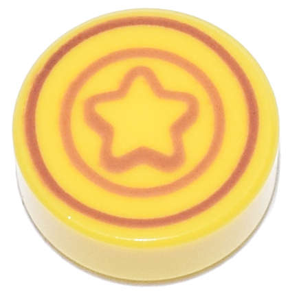 Lego (N) ~ Tile Round 1 x 1 with Reddish Brown and Dark Orange Star and Concentric Circl ~ [Yellow]