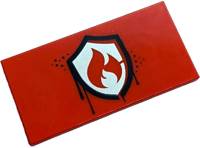 Lego (N) ~ Tile 2 x 4 with Lopsided Silver Fire Logo Badge with Black Border Dripping Paint  ~ [Red]
