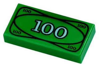 Lego Used - Tile 1 x 2 with Currency / Money 100 Bill / Note Pattern~ [Green]