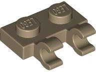 Lego (N) ~ Plate Modified 1 x 2 with 2 Open O Clips (Horizontal Grip) ~ [Dark Tan]