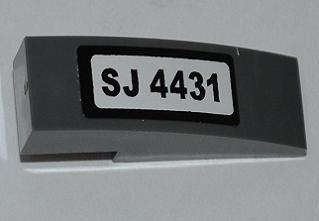 Lego Used - Slope Curved 3 x 1 with 'SJ 4431' on White Background Pattern (Stic~ [Dark Bluish Gray]