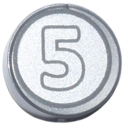 Lego (N) ~ Tile Round 1 x 1 with Dark Bluish Gray Outlined Number 5 on Silver Backgr ~ [Flat Silver]