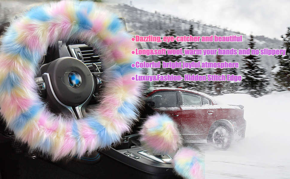Car Steering Wheel Cover 5Pcs Middle Fluffy Red
