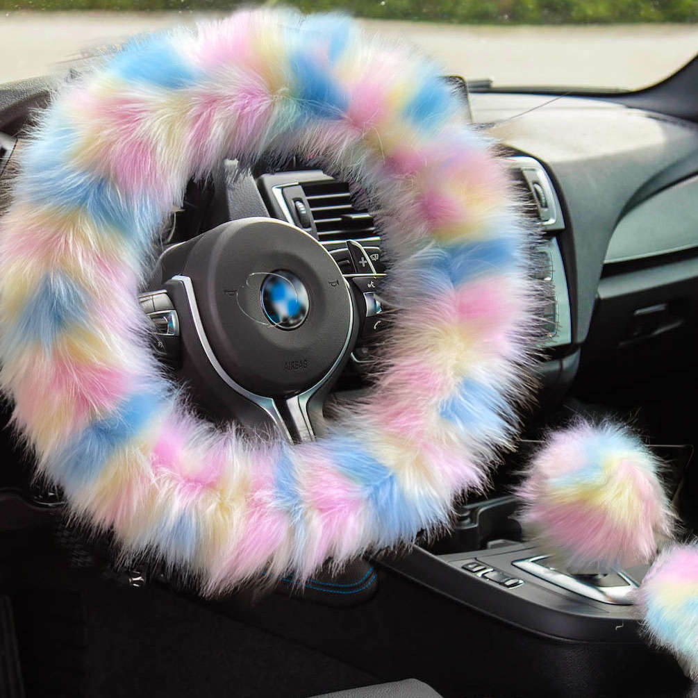 Car Steering Wheel Cover 5Pcs Middle Fluffy Red