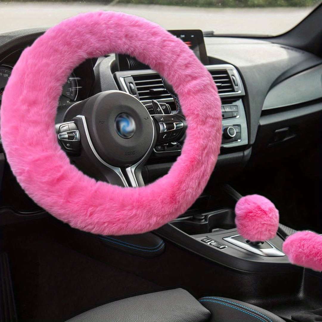 Car Steering Wheel Cover 5Pcs Middle Fluffy Red