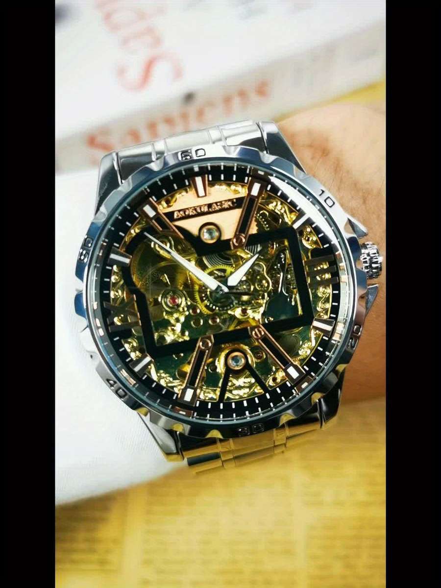 Mens Sporty Barrel Shaped Hollow Automatic Mechanical Watch Without