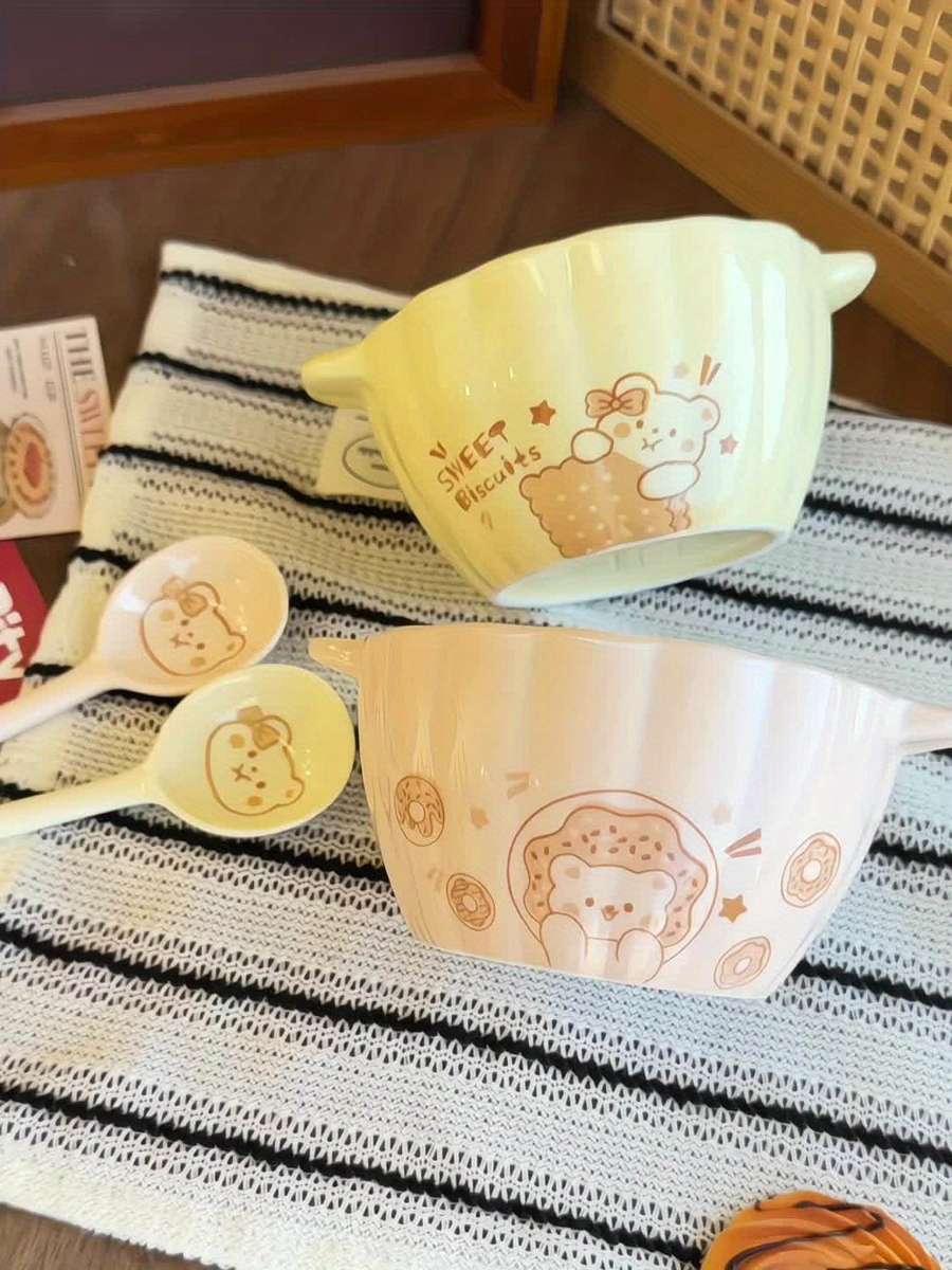 Bowl Items Two Mixed Color Bear Bowls With Spoon