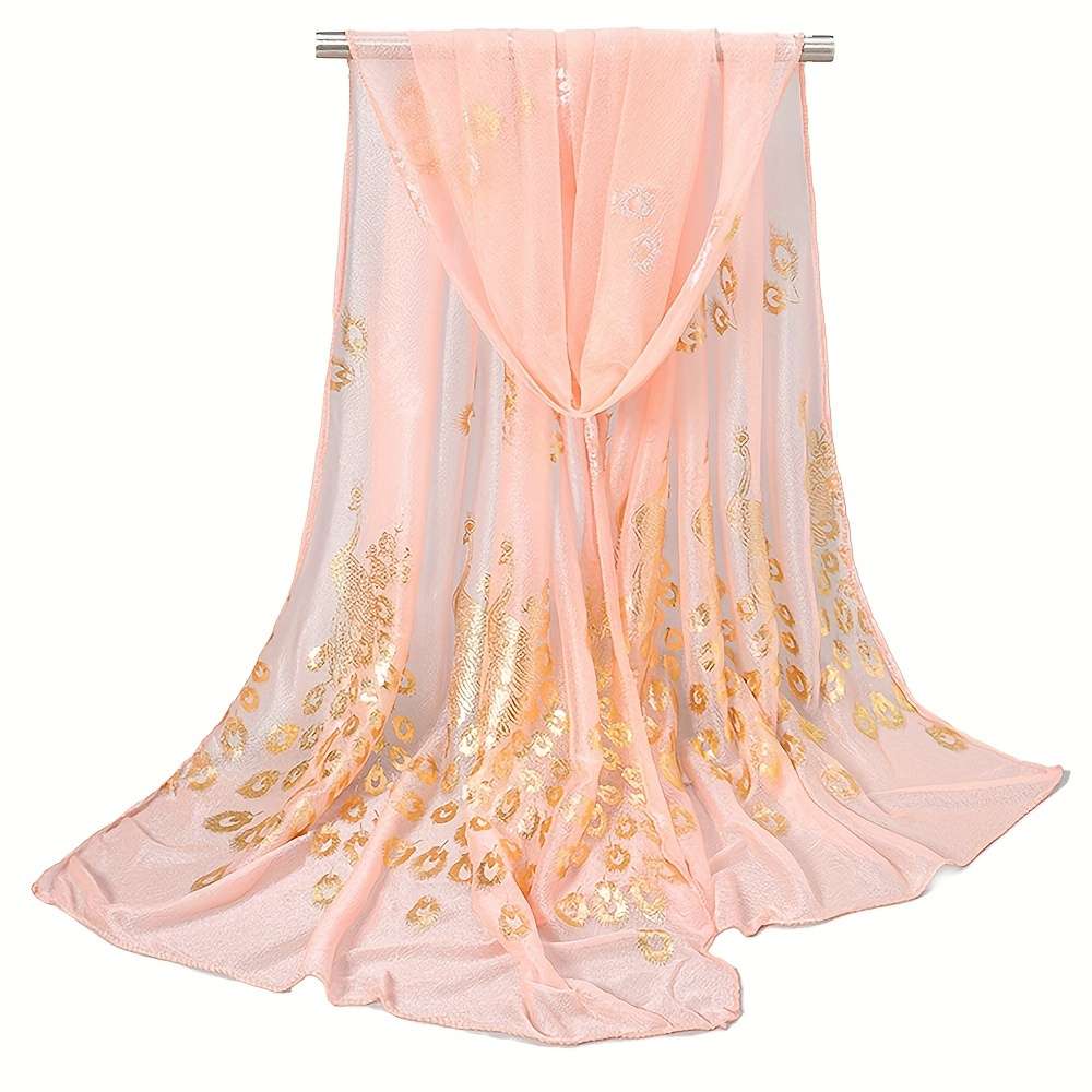 Comfortable Premium Luxury Bronzing Peacock Pattern Silky Scarf Elegant Thin