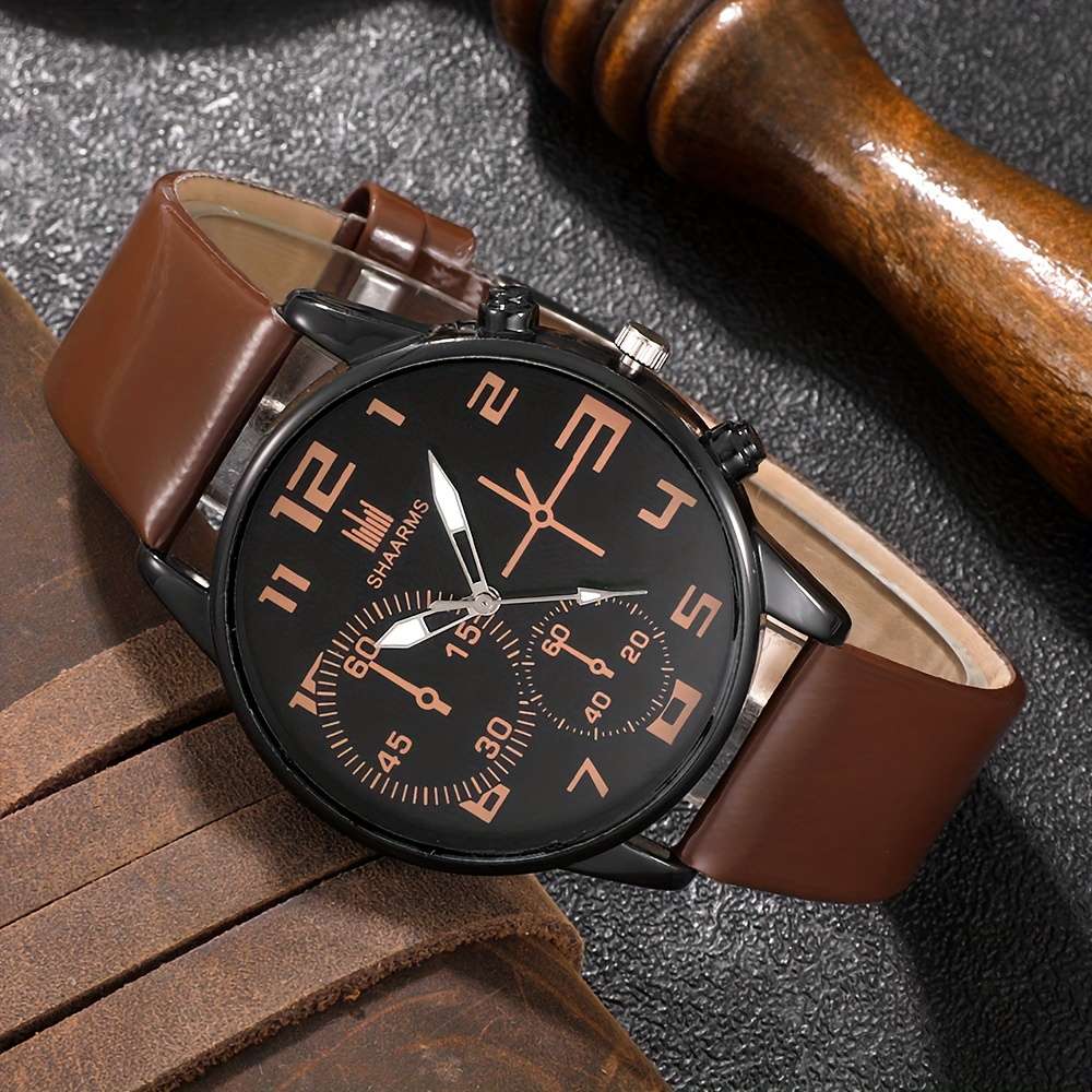 5Pcs Men Fashion Quartz Watch And Bracelet Set Brown