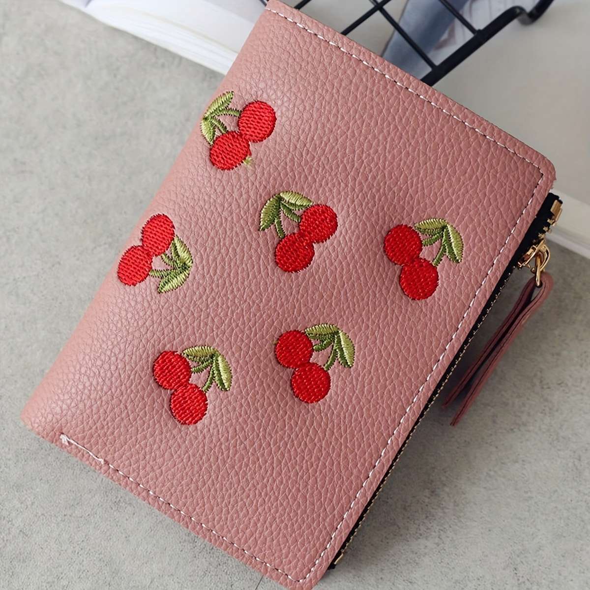 Women'S Cherry Embroidery Wallet Casual Slim Zipper Closure With Polyester Lining And Zip