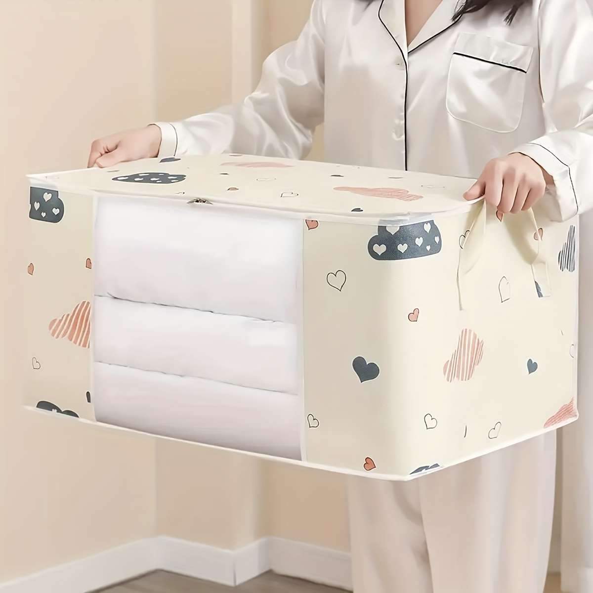 2Pcs Organizer Tote For Quilts Jumbo Clothes Beige Lx