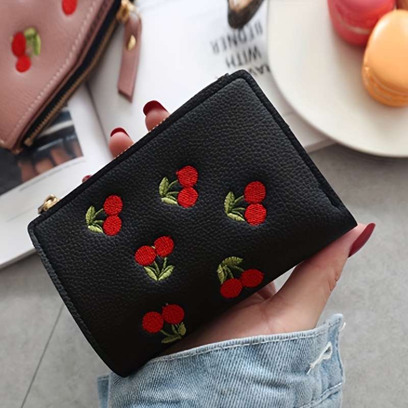 Women'S Cherry Embroidery Wallet Casual Slim Zipper Closure With Polyester Lining And Zip