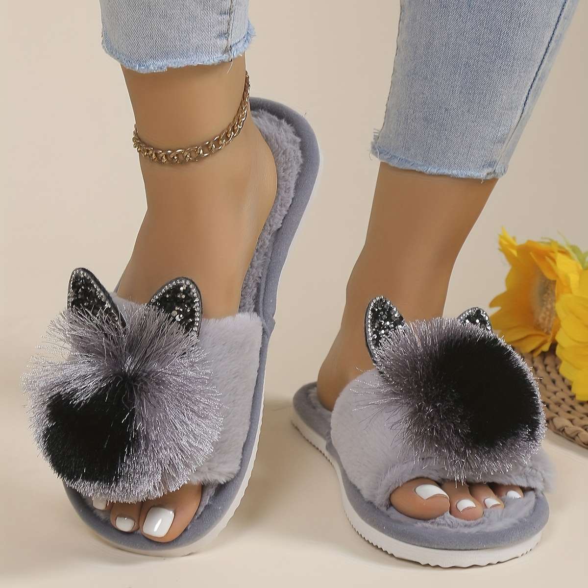 Cotton Slippers Color Black Cat Head Sizeuk 3.5-4