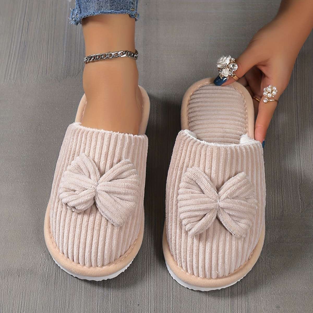 Cotton Slippers Color Offwhite Bow Sizeuk 7.5-8