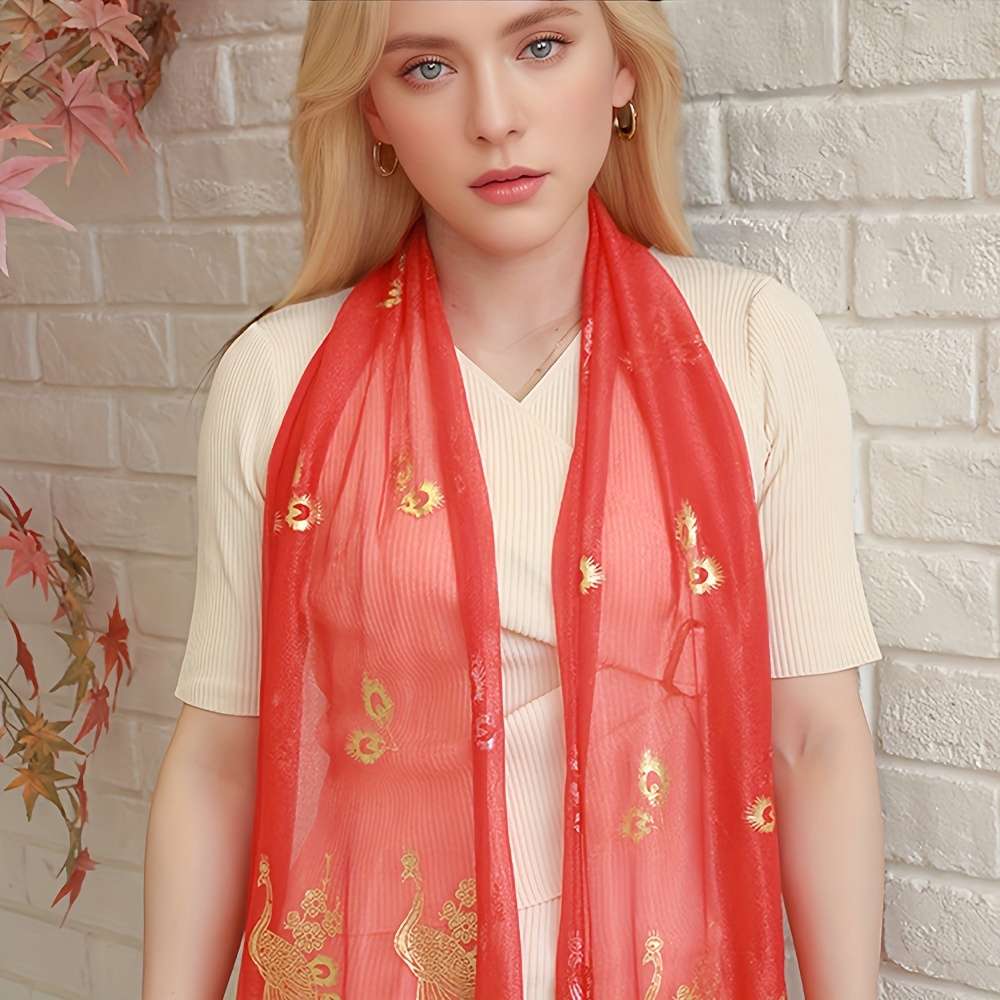 Comfortable Premium Luxury Bronzing Peacock Pattern Silky Scarf Elegant Thin