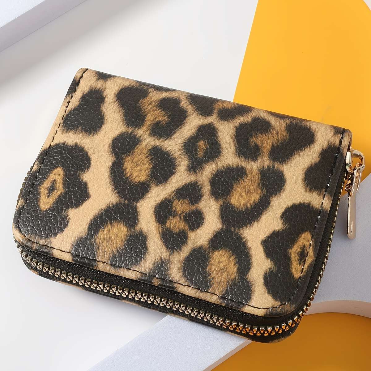 Stylish Leopard Print Women'S Compact Walletfaux Leather With Zipper Closure Credit Card Ho