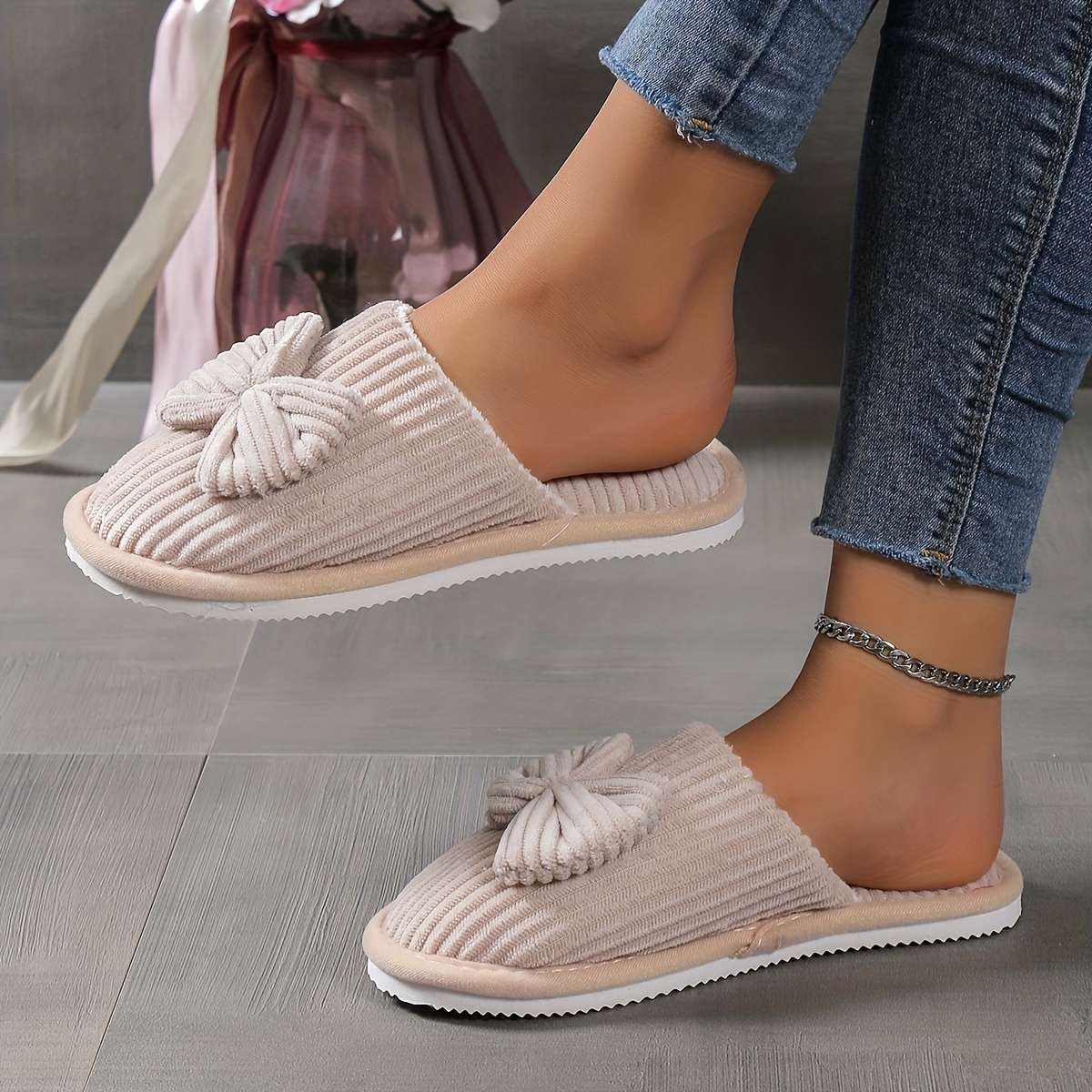Cotton Slippers Color Offwhite Bow Sizeuk 7.5-8
