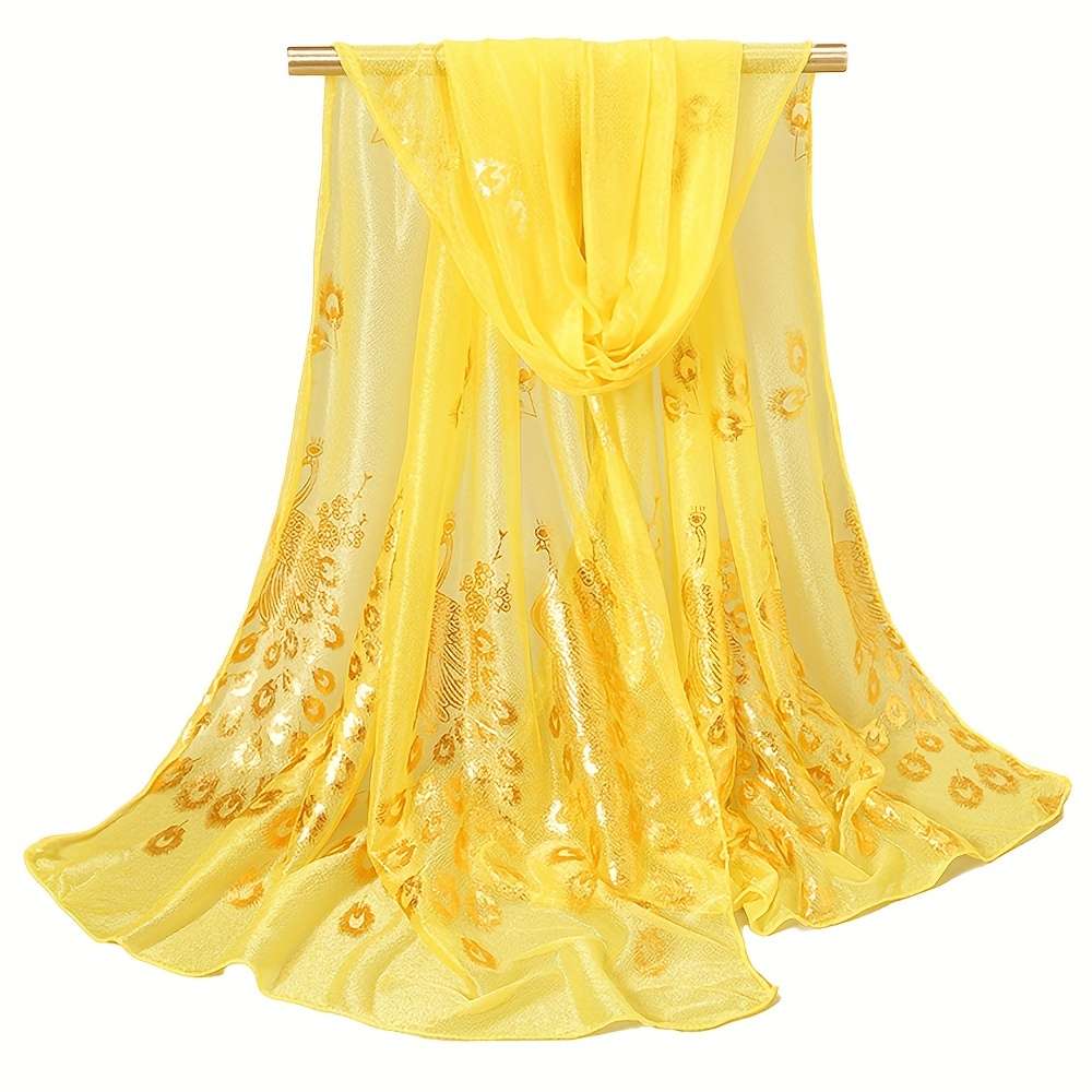 Comfortable Premium Luxury Bronzing Peacock Pattern Silky Scarf Elegant Thin