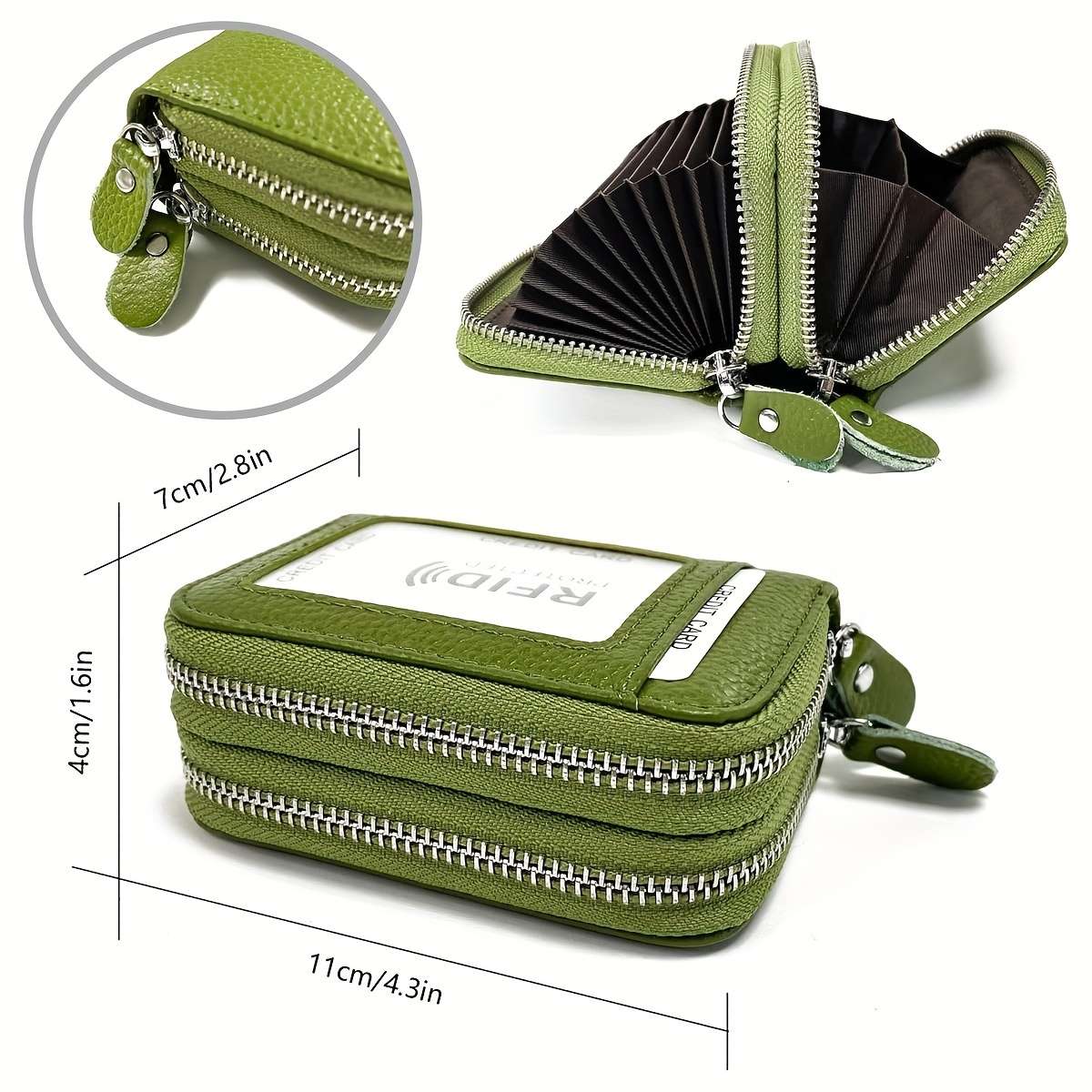 Genuine Leather Credit Card Wallet With Small Coin Purse And Double Zipper Rfid Blocking Credi