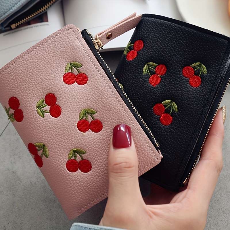 Women'S Cherry Embroidery Wallet Casual Slim Zipper Closure With Polyester Lining And Zip