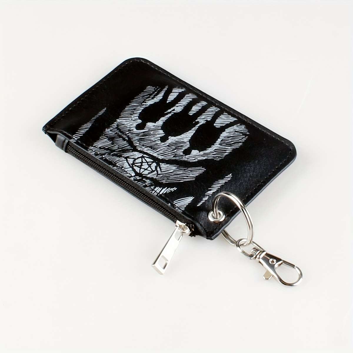 Retro Pattern Mini Credit Card Case Pu Leather Wallet Zipper Women'S Coin Purse With Hook