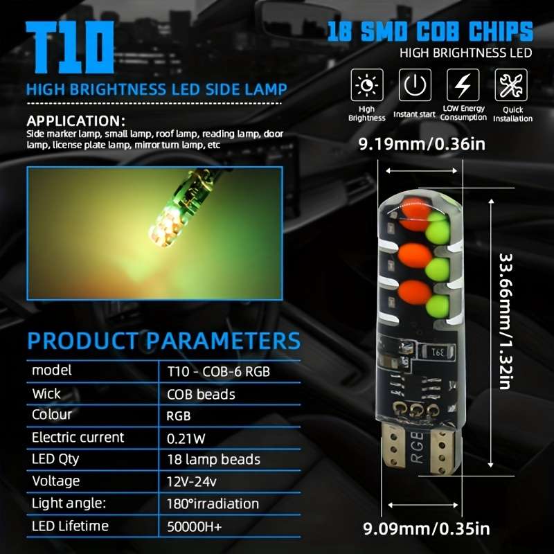 1 Set Car LED Lights New COB RGB Demonstration Wide Light T10 Colorful Burst Flash Co