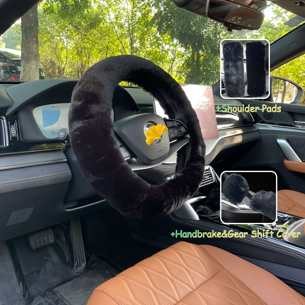 Car Steering Wheel Cover 5Pcs Middle Fluffy Red