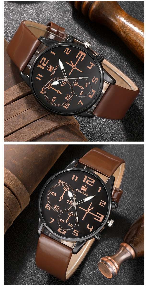5Pcs Men Fashion Quartz Watch And Bracelet Set Brown