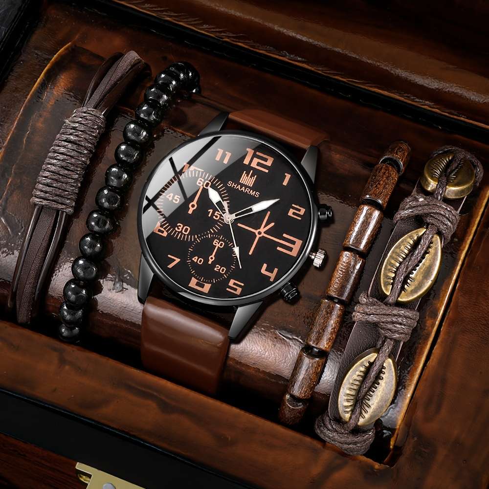 5Pcs Men Fashion Quartz Watch And Bracelet Set Brown