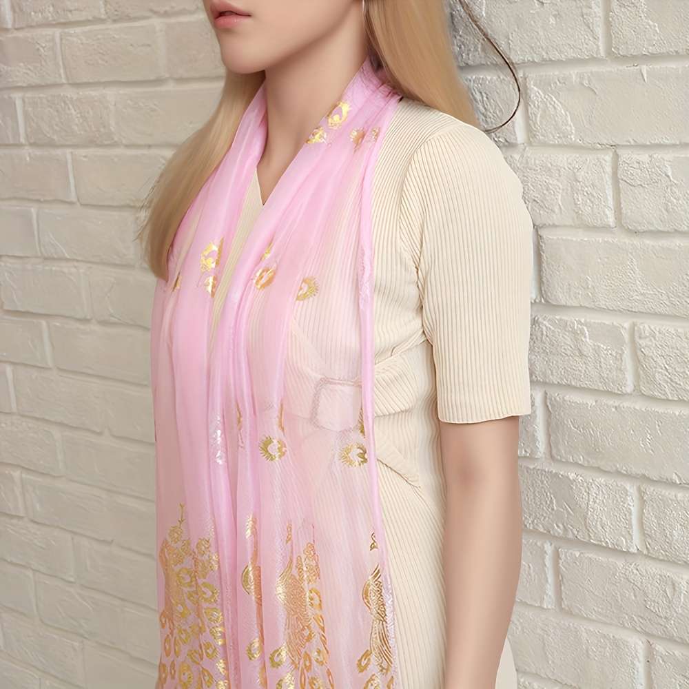 Comfortable Premium Luxury Bronzing Peacock Pattern Silky Scarf Elegant Thin