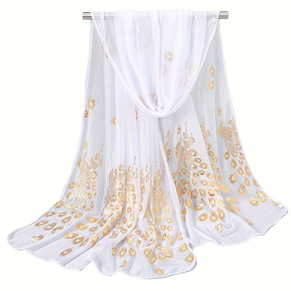 Comfortable Premium Luxury Bronzing Peacock Pattern Silky Scarf Elegant Thin
