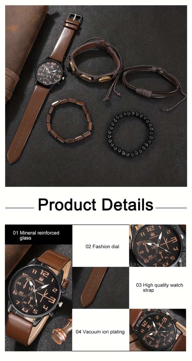 5Pcs Men Fashion Quartz Watch And Bracelet Set Brown