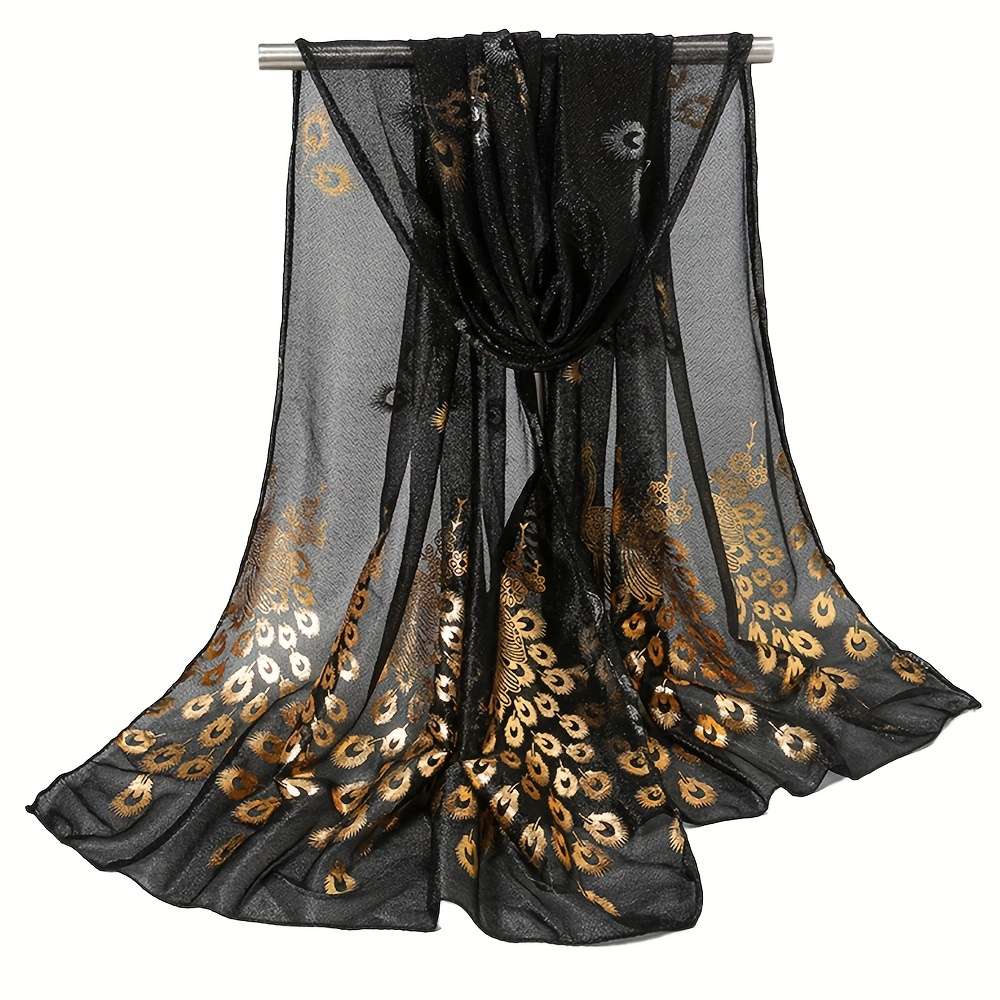 Comfortable Premium Luxury Bronzing Peacock Pattern Silky Scarf Elegant Thin