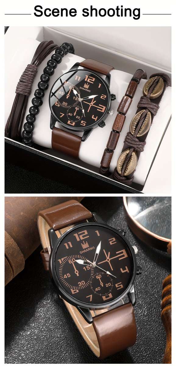 5Pcs Men Fashion Quartz Watch And Bracelet Set Brown