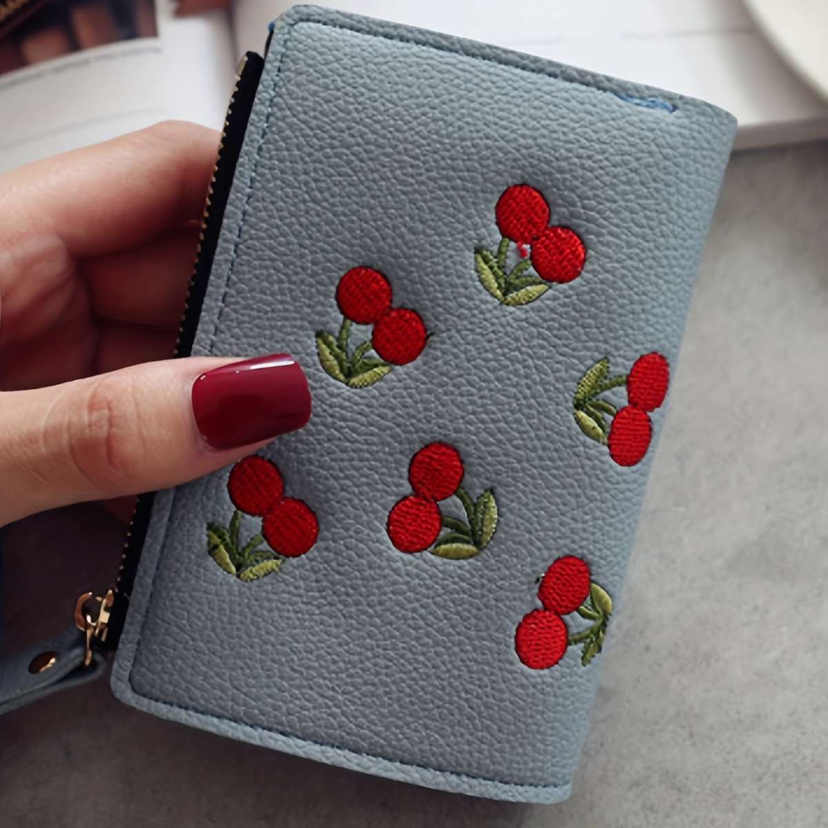Women'S Cherry Embroidery Wallet Casual Slim Zipper Closure With Polyester Lining And Zip