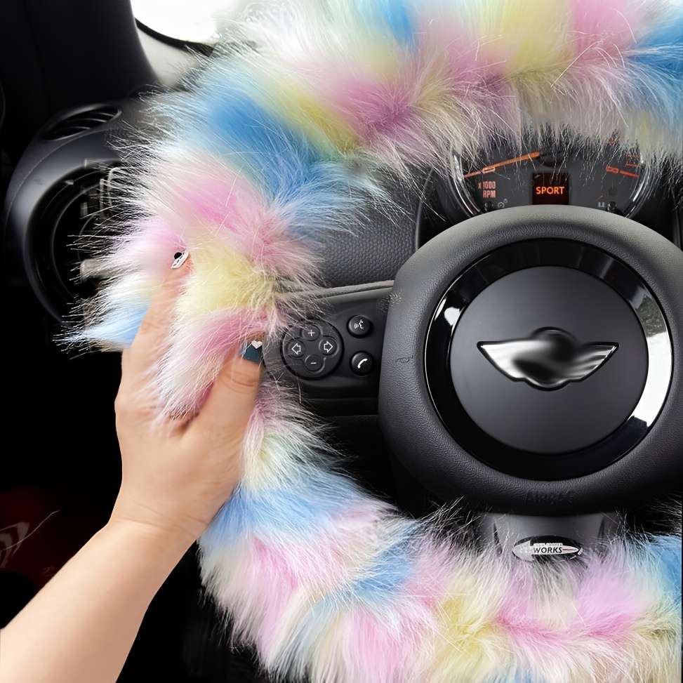 Car Steering Wheel Cover 5Pcs Middle Fluffy Red