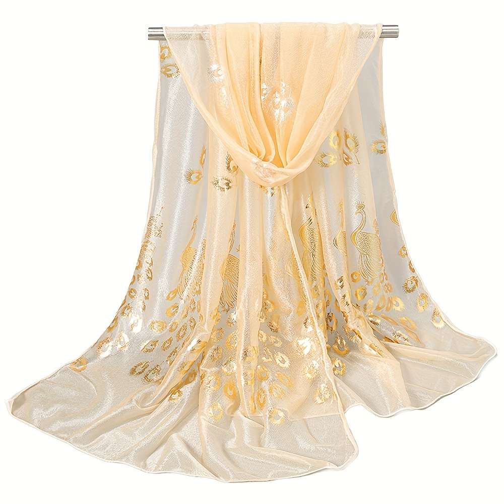 Comfortable Premium Luxury Bronzing Peacock Pattern Silky Scarf Elegant Thin