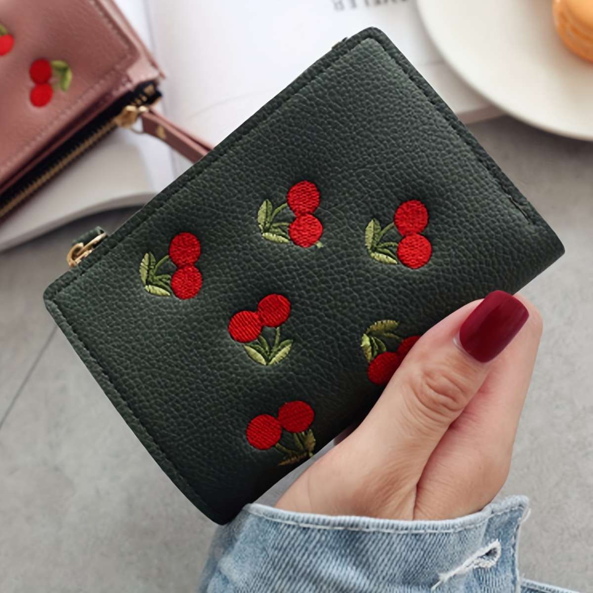Women'S Cherry Embroidery Wallet Casual Slim Zipper Closure With Polyester Lining And Zip