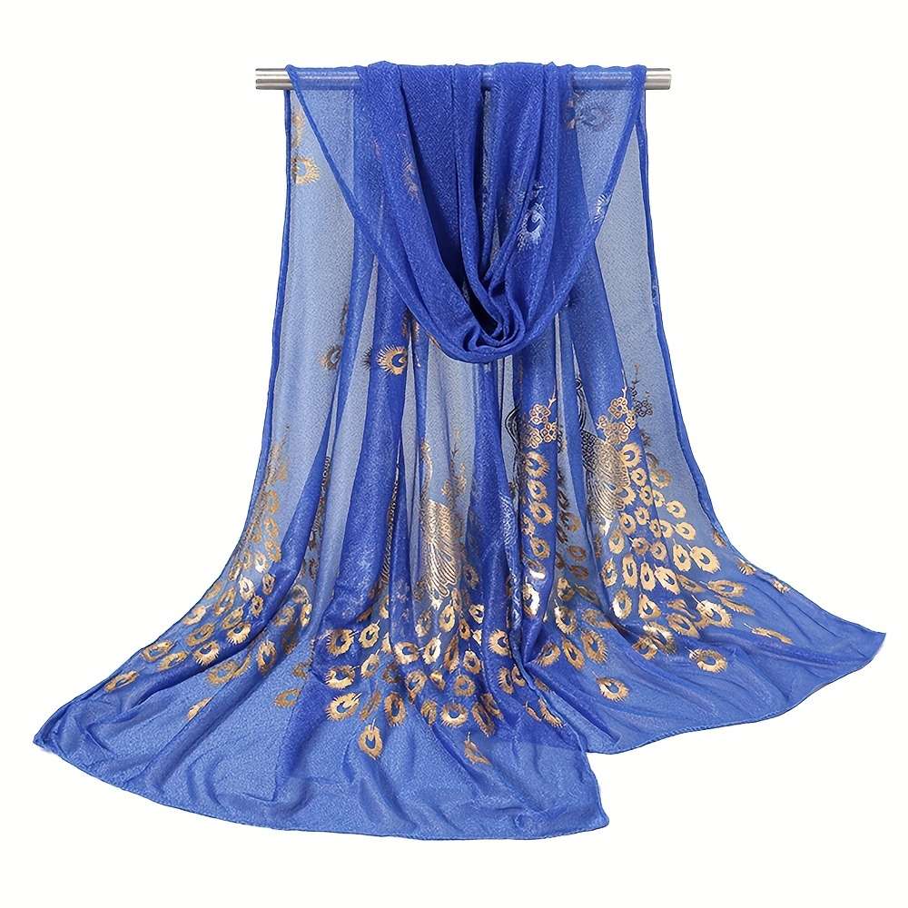 Comfortable Premium Luxury Bronzing Peacock Pattern Silky Scarf Elegant Thin