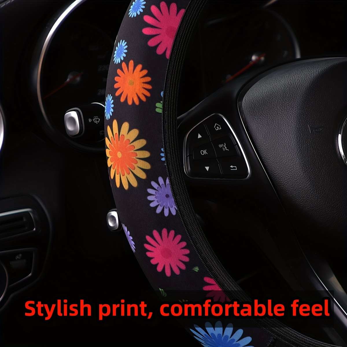 Car Steering Wheel Cover Large And Small Colorful Flowers In Color Combination Without Inner Circle