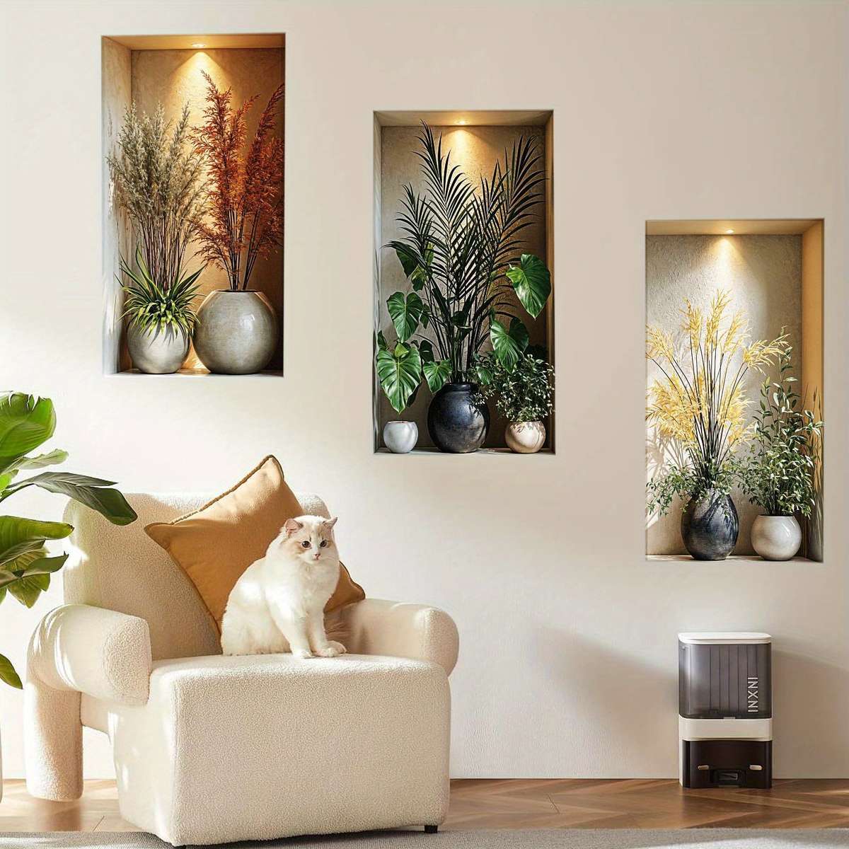 3Pcs Modern Elegant Vase Wall Decals Dried Pampas Grass Palm Interior Design
